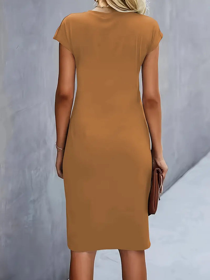 Women’s Crepe Midi Dress – Luxurious Twist Ruched Sculpted Waist Cap Sleeve Dress