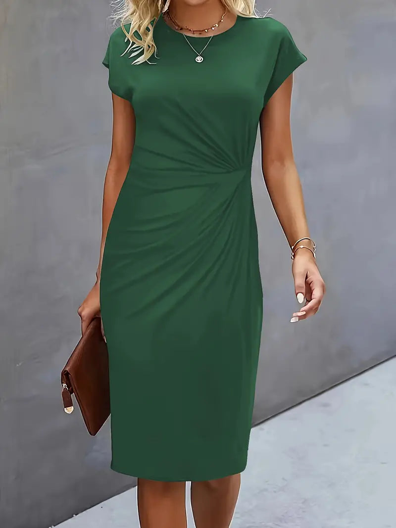 Women’s Crepe Midi Dress – Luxurious Twist Ruched Sculpted Waist Cap Sleeve Dress