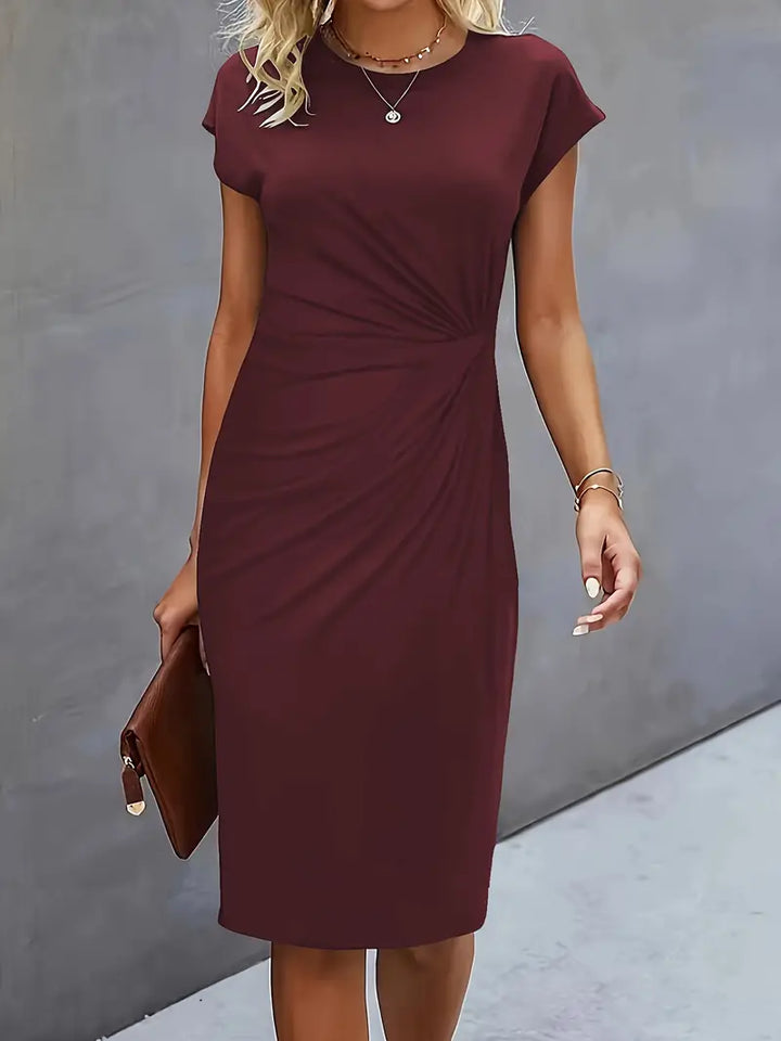 Women’s Crepe Midi Dress – Luxurious Twist Ruched Sculpted Waist Cap Sleeve Dress