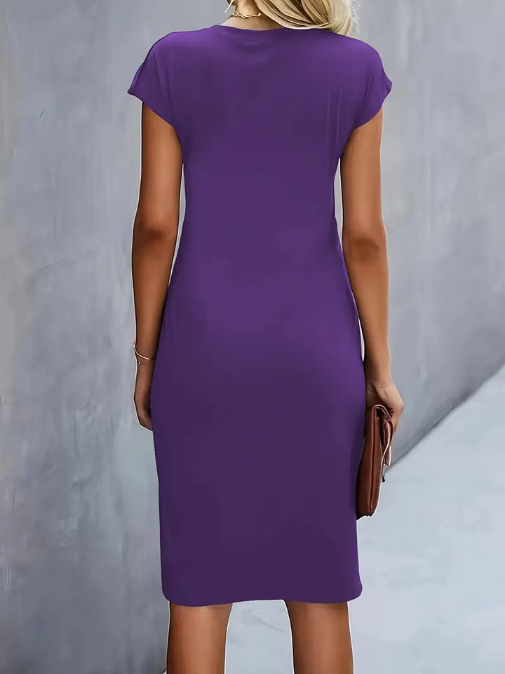 Women’s Crepe Midi Dress – Luxurious Twist Ruched Sculpted Waist Cap Sleeve Dress