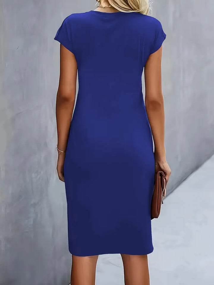 Women’s Crepe Midi Dress – Luxurious Twist Ruched Sculpted Waist Cap Sleeve Dress
