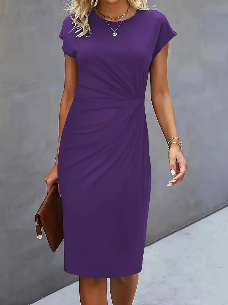 Women’s Crepe Midi Dress – Luxurious Twist Ruched Sculpted Waist Cap Sleeve Dress