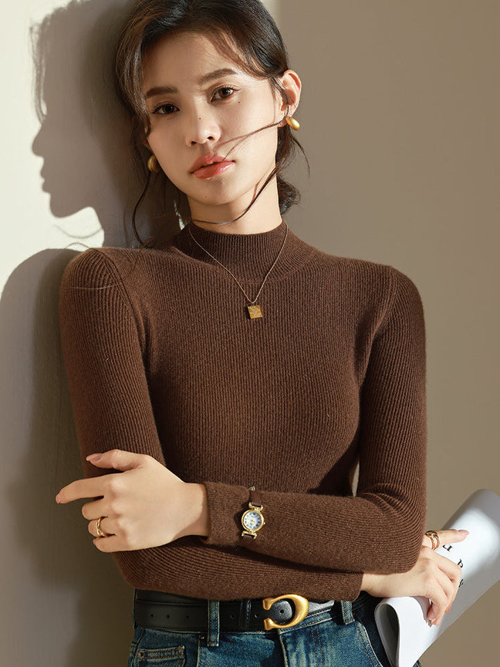 Women's Ribbed Sweater with Stand-Up Collar and Long Sleeves