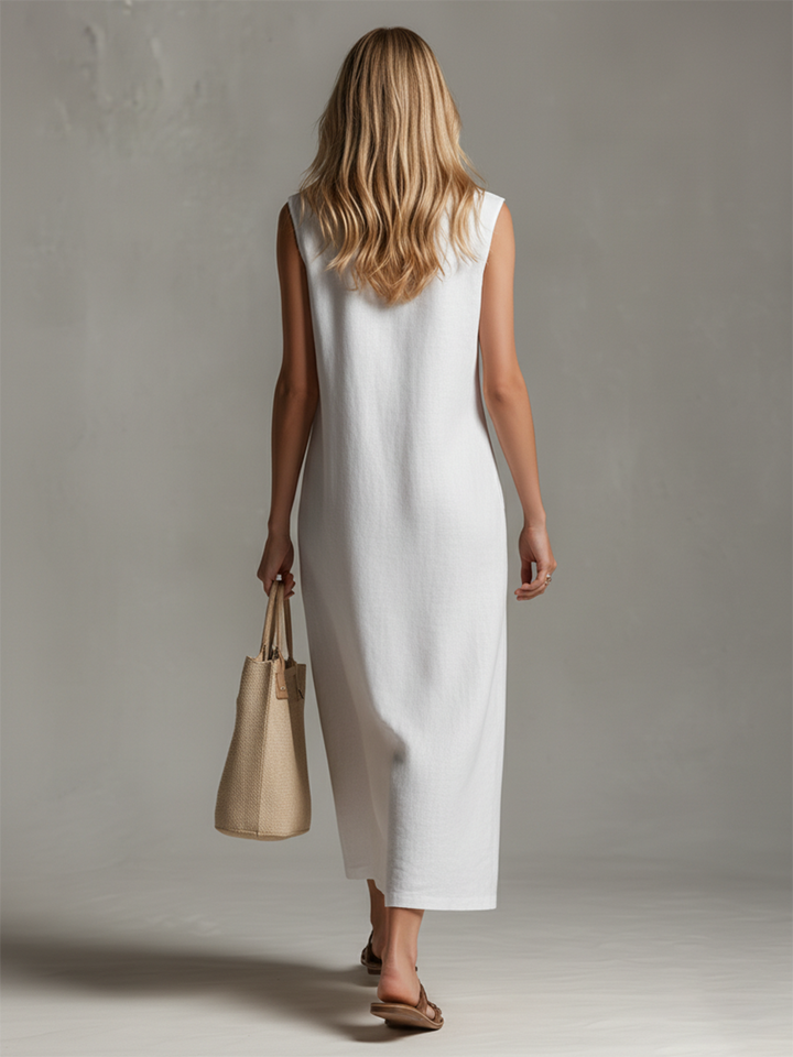 Women’s Sleeveless Midi Dress – Ultra Chic Stand Collar Zipper Premium Blend Wrinkle-Resistant Dress