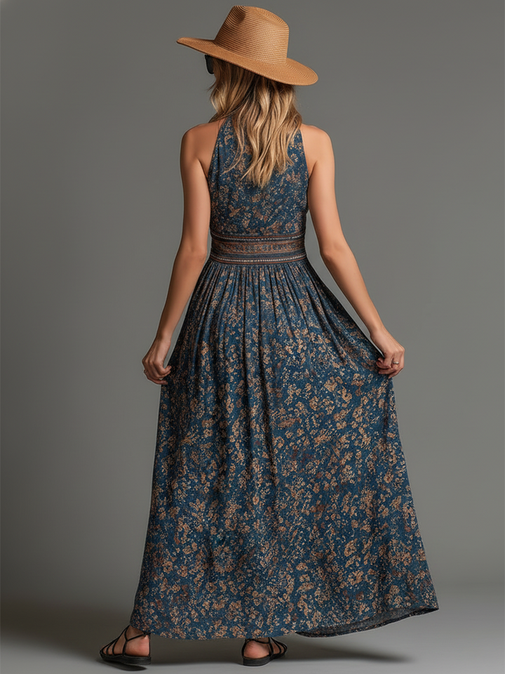 Bohemian Luxe Breathable Teal Chiffon Ethnic Floral Maxi Dress