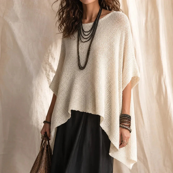 Solvera – Open Knit Batwing Top with Asymmetrical Hem