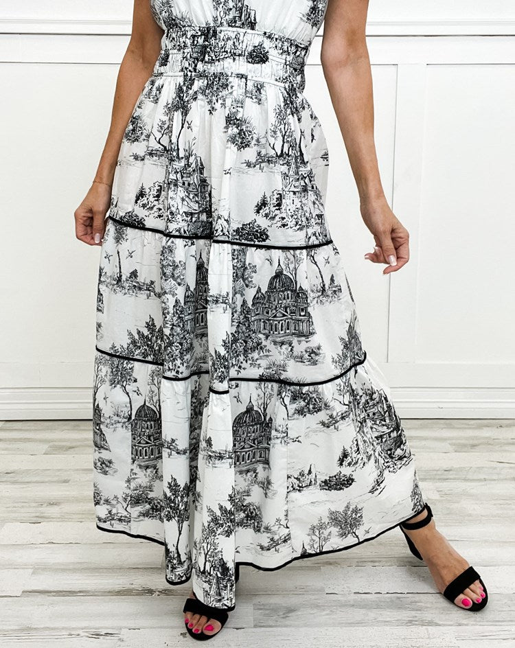 Romantic Driven Smocked Waist Evergreen Toile Print Tiered Floral Silhouette Maxi Dress