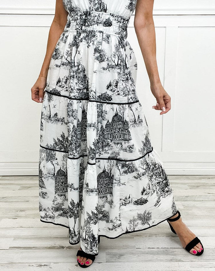 Romantic Driven Smocked Waist Evergreen Toile Print Tiered Floral Silhouette Maxi Dress