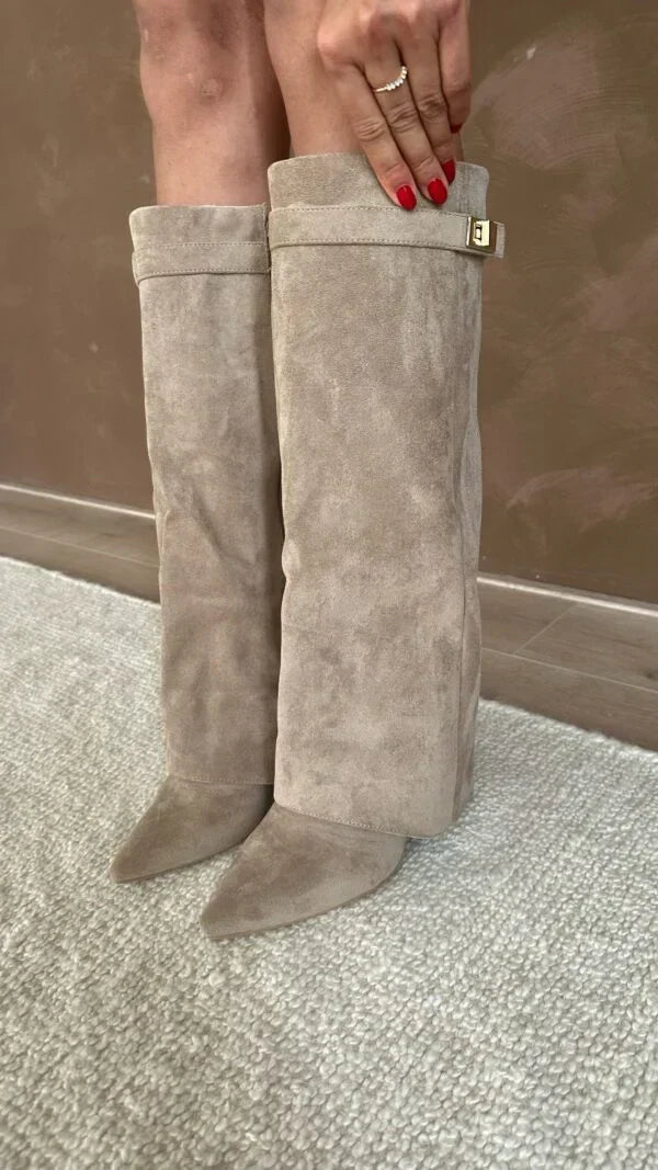 Women's Knee-High Boots with Gold Buckle