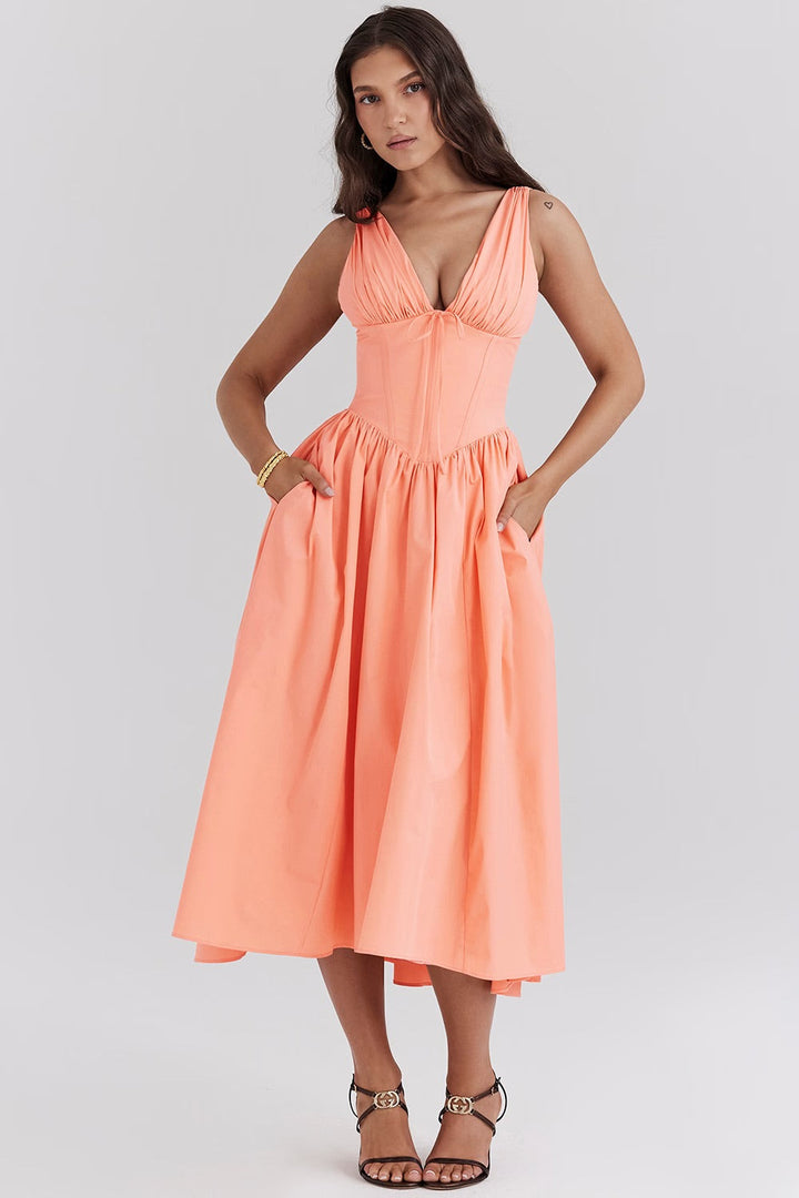 Effortlessly Elegant Flowing Waist-Defining Saffron Satin-Blend For Weddings Dress