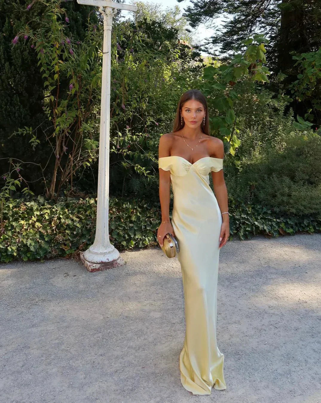 Luxuriously Glamorous Off Shoulder Satin Sculpted Bodice Cascading Draping Dress
