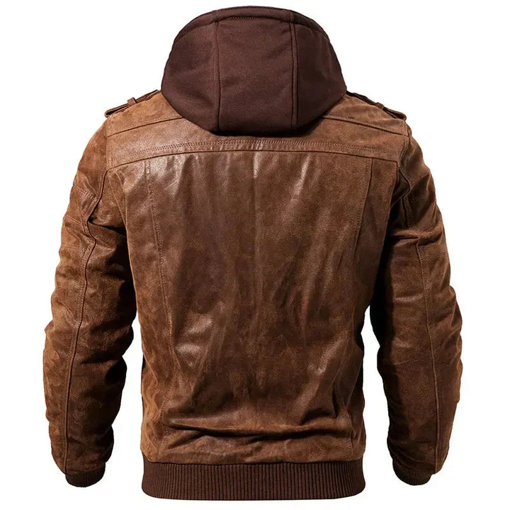 Men's Leather Hooded Casual Zip-Up Jacket