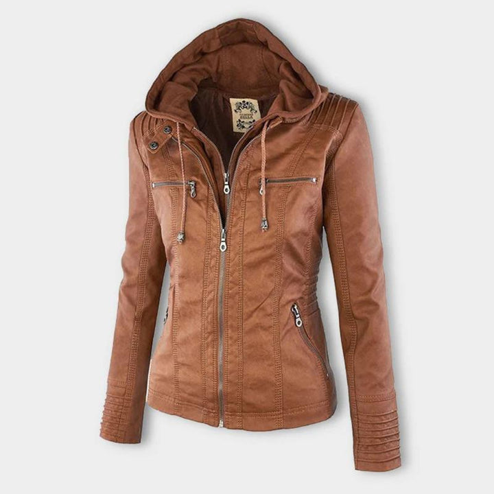 Ladies Hooded Faux Leather Moto Jacket