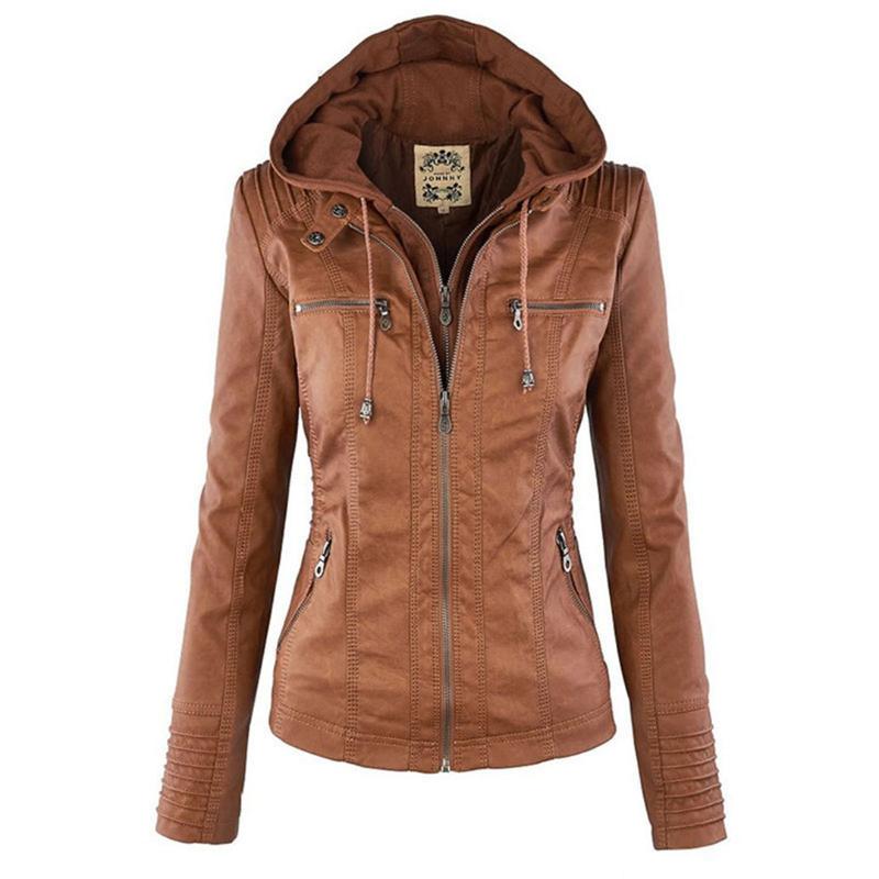 Ladies Hooded Faux Leather Moto Jacket