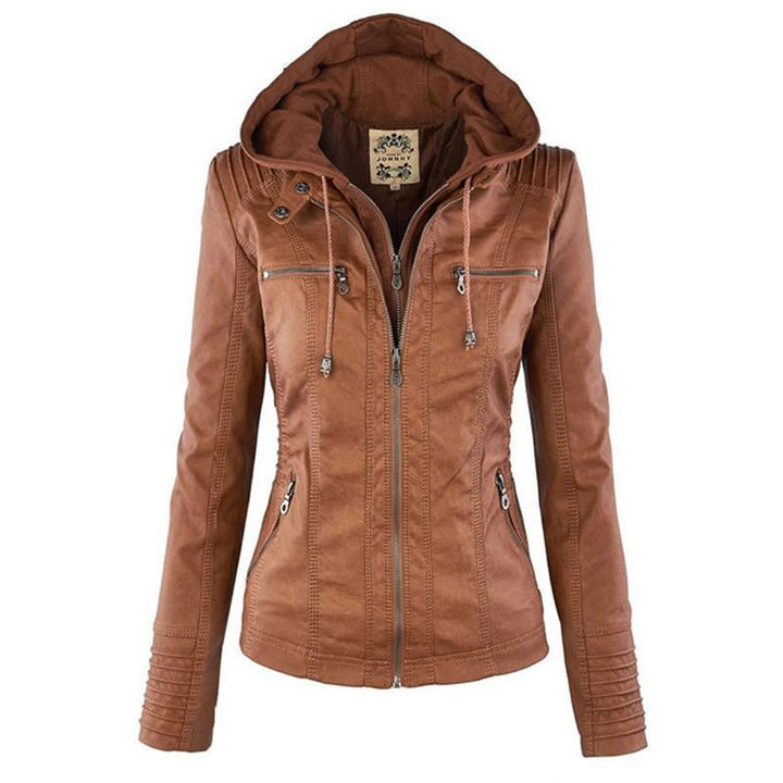 Ladies Hooded Faux Leather Moto Jacket