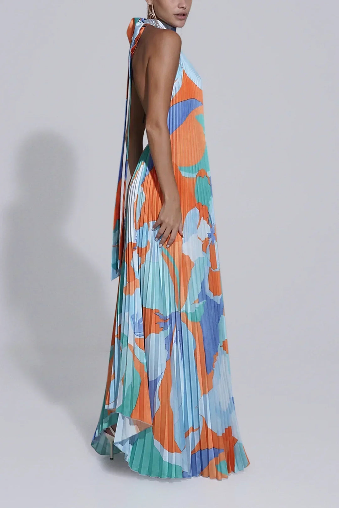 Chic and Elegant Pleated Halter Neck Long Maxi Dress in Bordeaux Color for Women Wedding Guests
