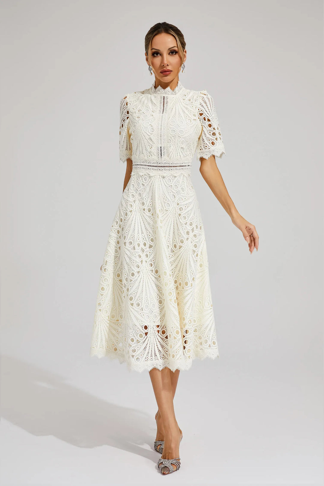Beautiful Elegant Lace Midi Dress with Intricate Details for Weddings and Special Occasions