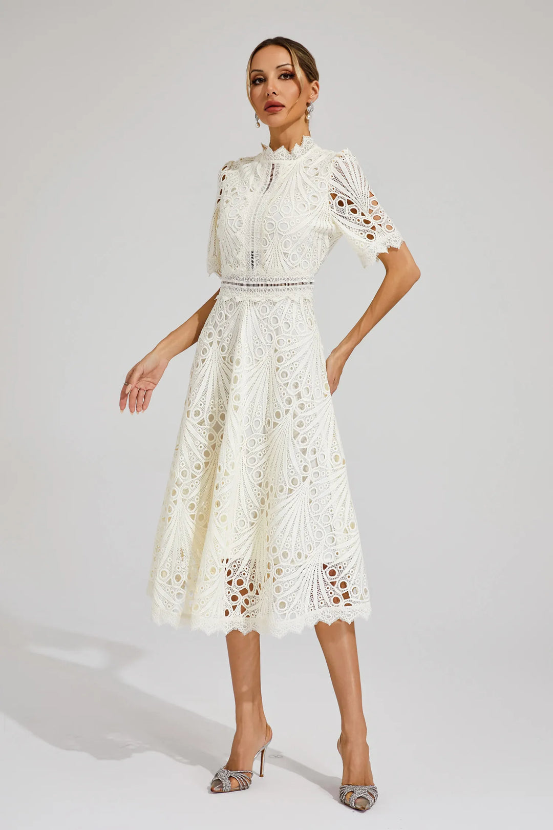 Beautiful Elegant Lace Midi Dress with Intricate Details for Weddings and Special Occasions