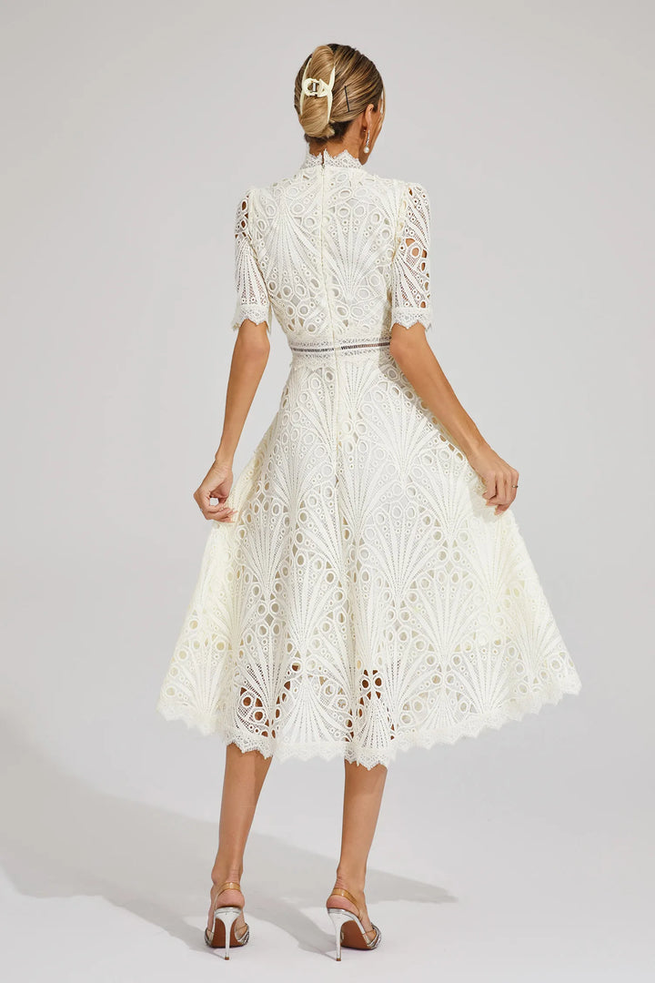 Beautiful Elegant Lace Midi Dress with Intricate Details for Weddings and Special Occasions