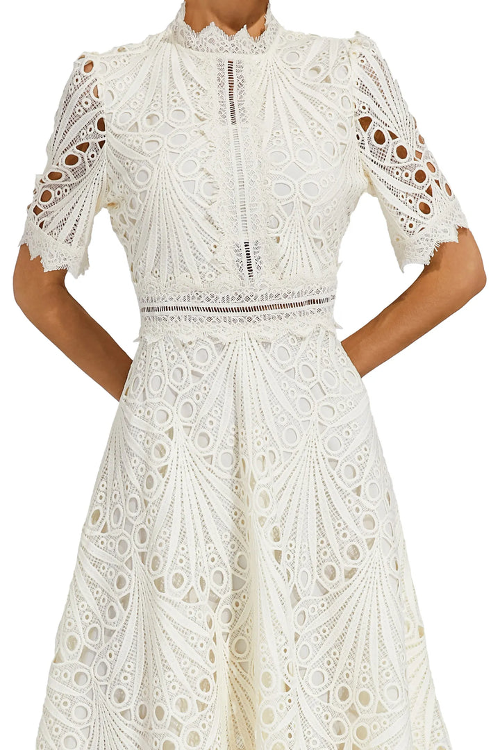 Beautiful Elegant Lace Midi Dress with Intricate Details for Weddings and Special Occasions