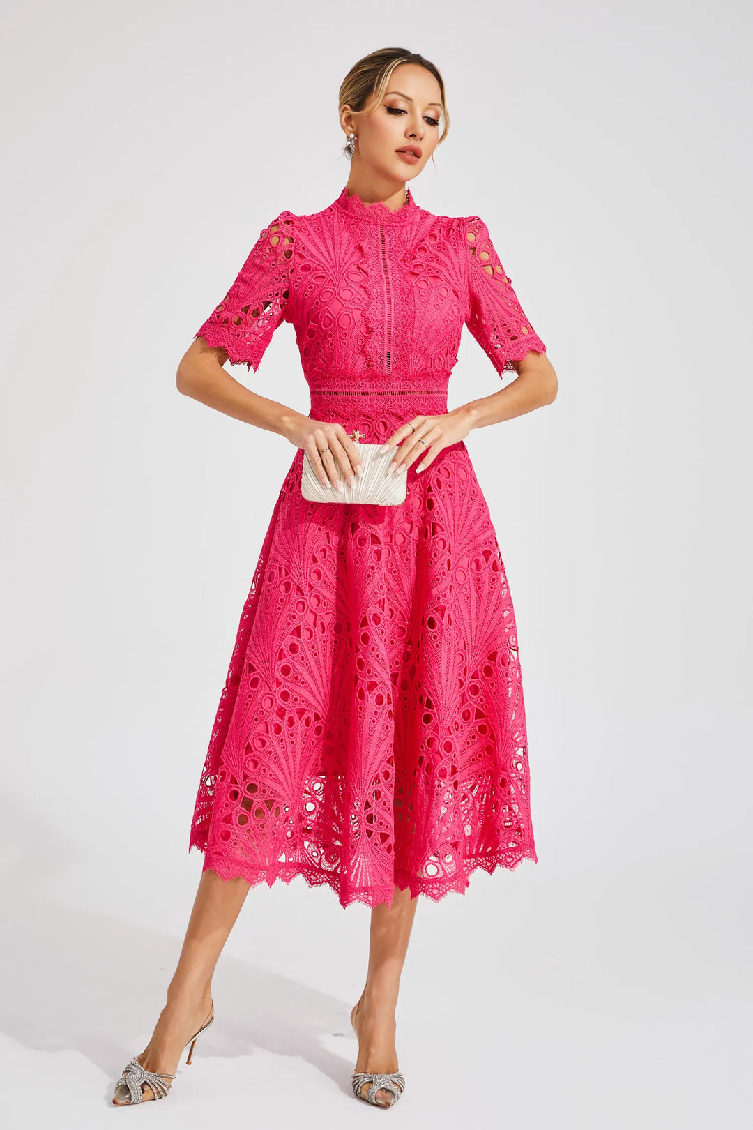 Beautiful Elegant Lace Midi Dress with Intricate Details for Weddings and Special Occasions
