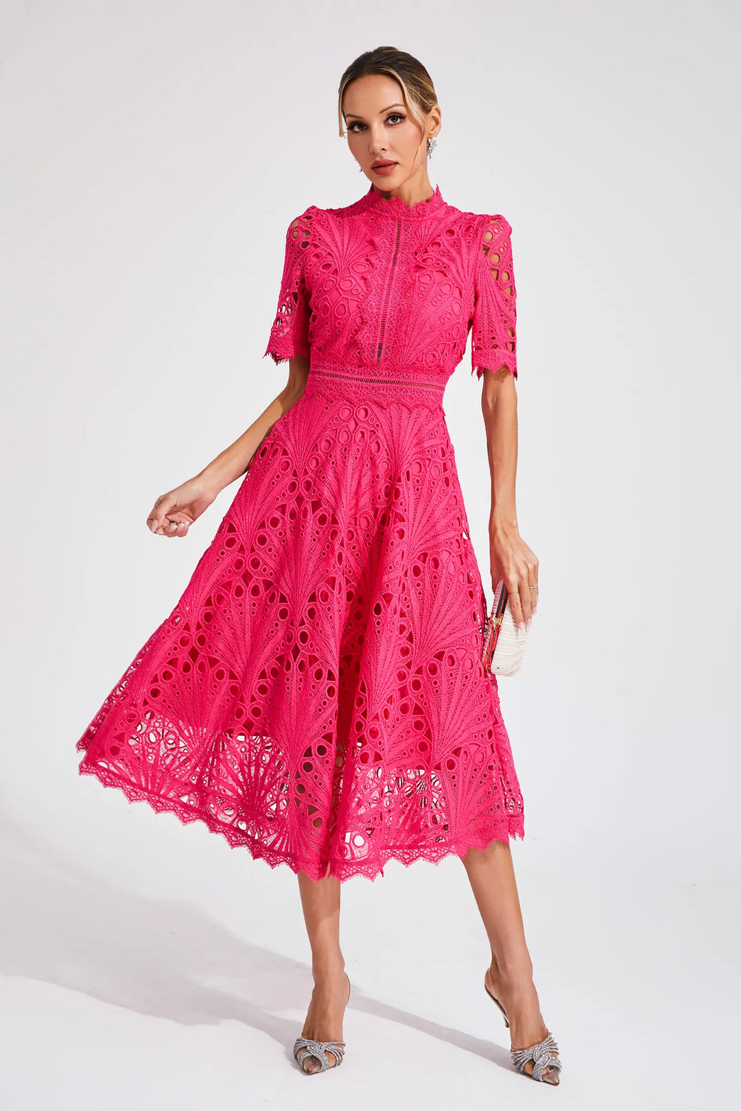 Beautiful Elegant Lace Midi Dress with Intricate Details for Weddings and Special Occasions