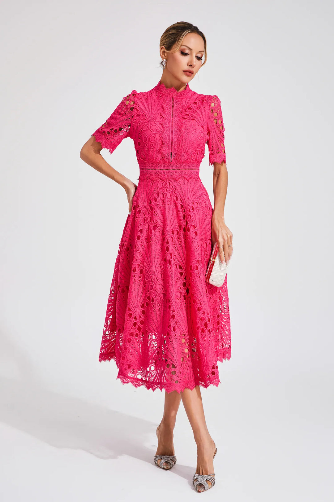 Beautiful Elegant Lace Midi Dress with Intricate Details for Weddings and Special Occasions