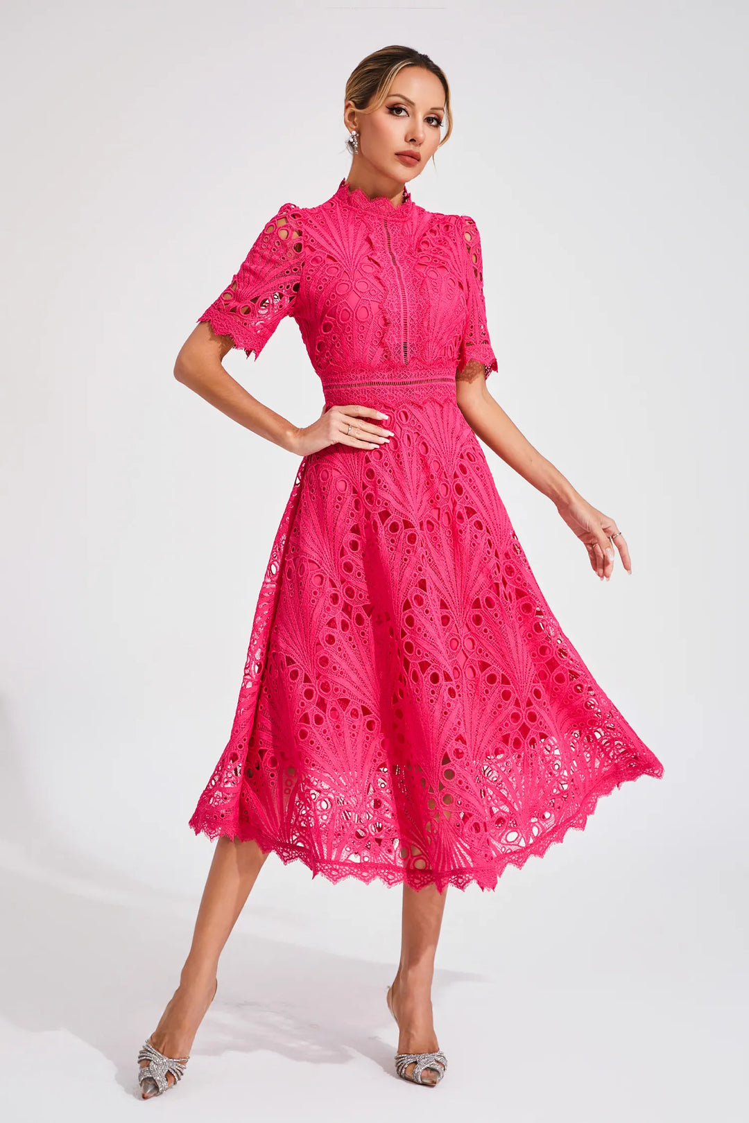Beautiful Elegant Lace Midi Dress with Intricate Details for Weddings and Special Occasions