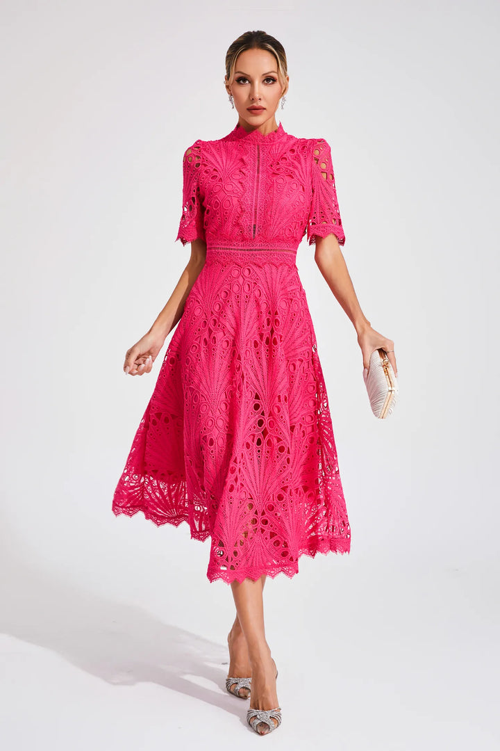Beautiful Elegant Lace Midi Dress with Intricate Details for Weddings and Special Occasions