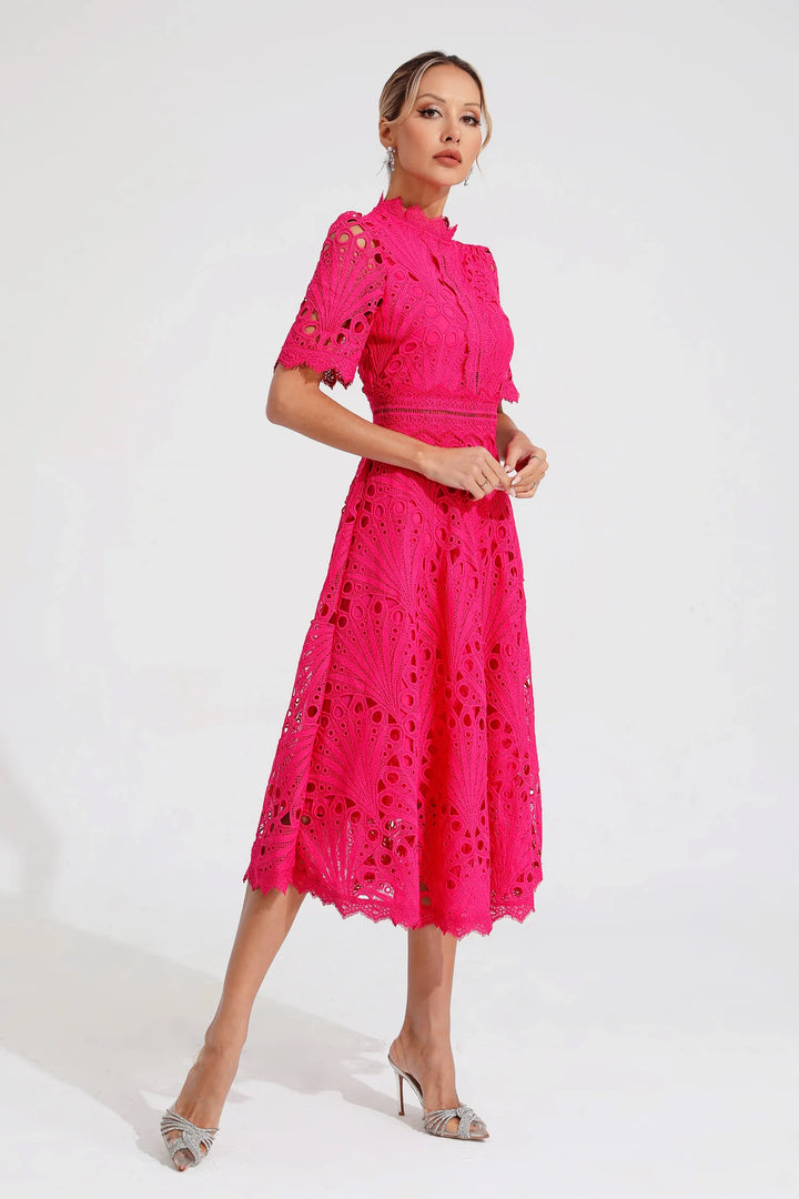 Beautiful Elegant Lace Midi Dress with Intricate Details for Weddings and Special Occasions