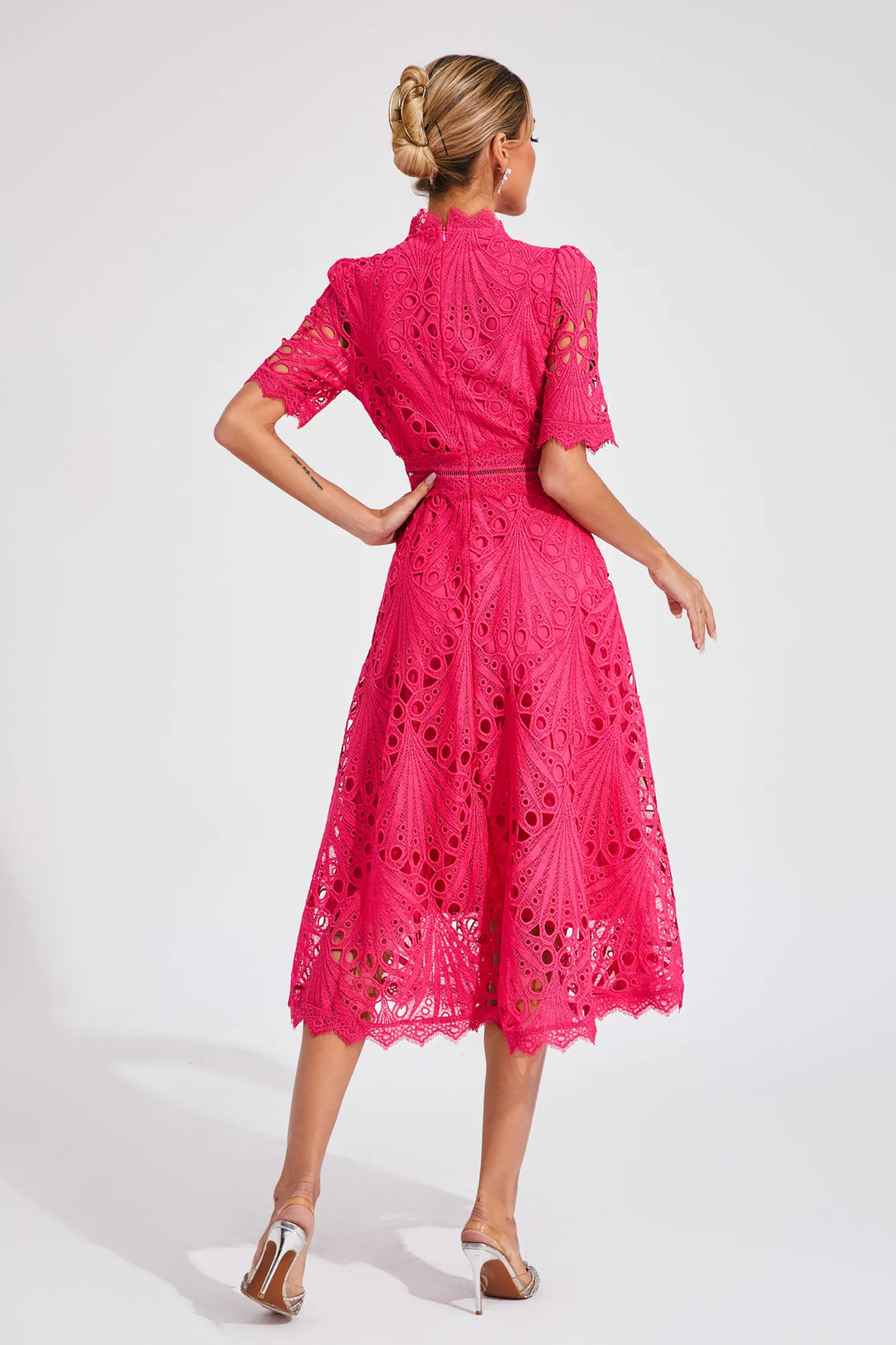 Beautiful Elegant Lace Midi Dress with Intricate Details for Weddings and Special Occasions