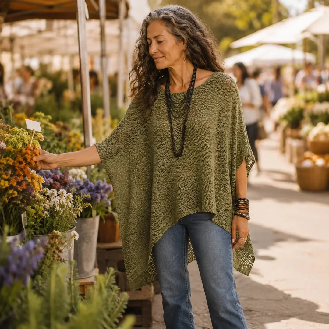 Solvera – Open Knit Batwing Top with Asymmetrical Hem