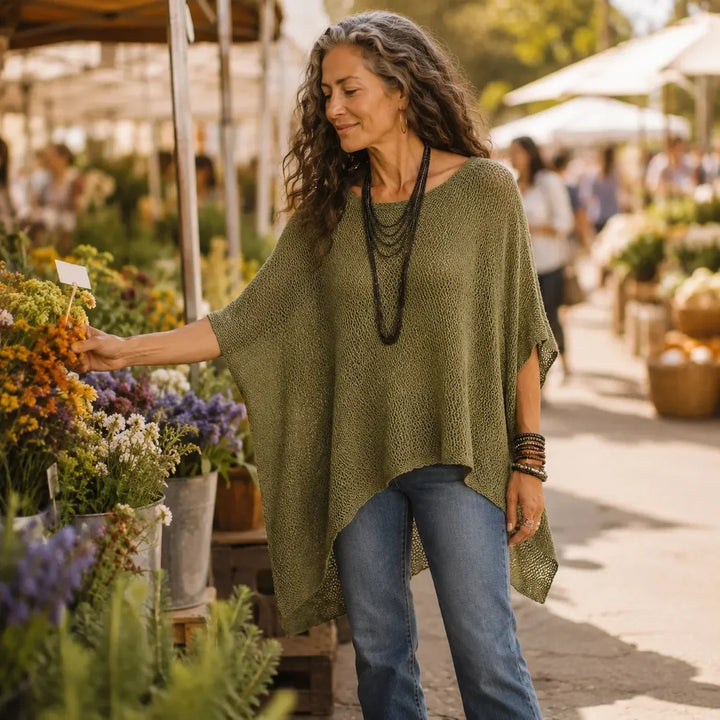 Solvera – Open Knit Batwing Top with Asymmetrical Hem