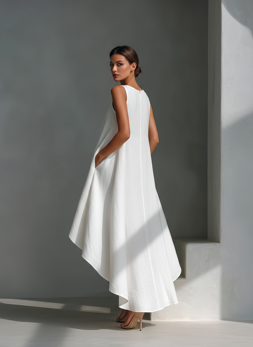 Women’s Linen Midi Dress – Sleeveless Round Neck Asymmetric Hem Elegant Dress