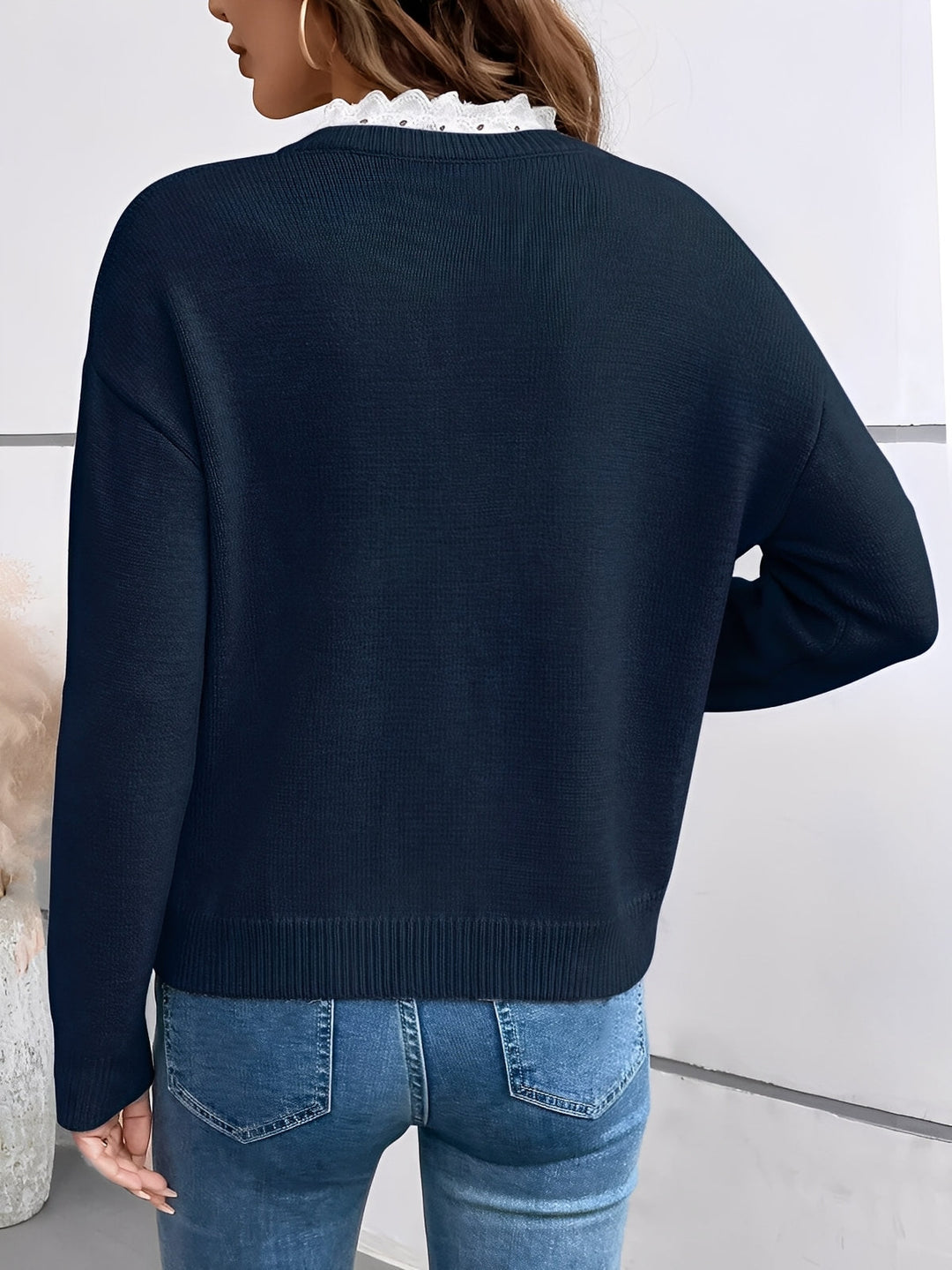 Women's Knitted Sweater with Ruffle V-Neck