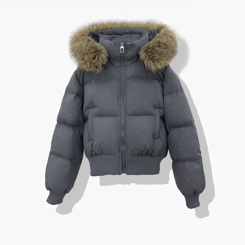 Ladies short quilted jacket with removable hood