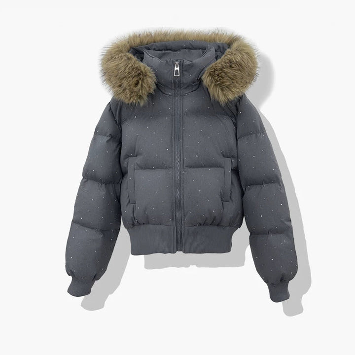 Ladies short quilted jacket with removable hood