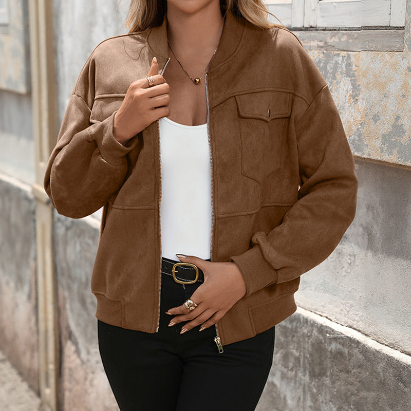 Ladies Oversized Bomber Jacket with Long Sleeves and Chest Pockets