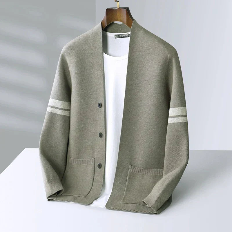 Classic Merino Men's Cardigan with Striped Sleeves