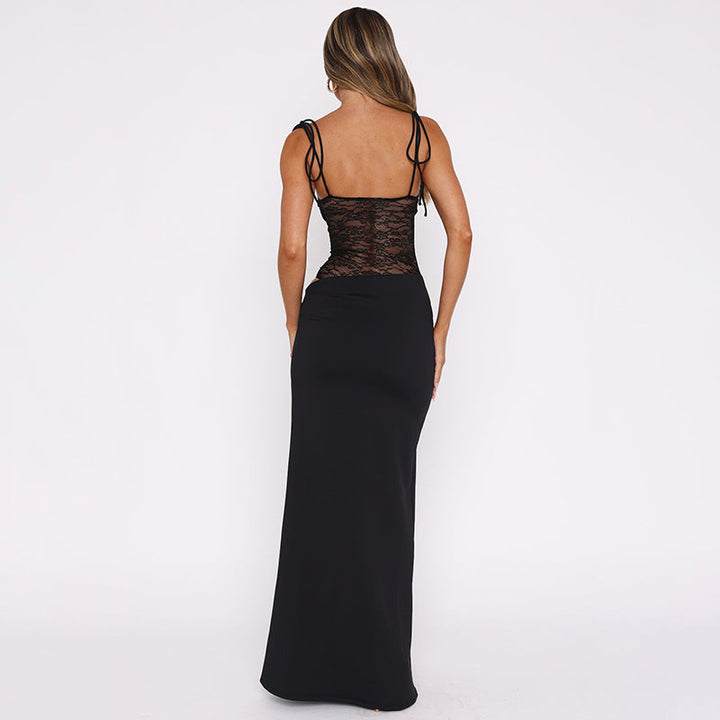 Women’s Lace Panel Maxi Dress – Adjustable Tie Straps Breathable Flowing Elegant Dress