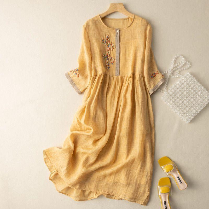 Elegant Flowing Embroidered Intricately Textured Delicately Gathered Waist Midi Dress