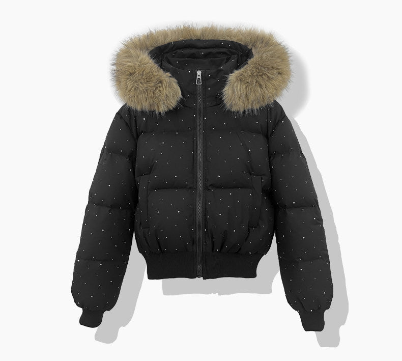 Ladies short quilted jacket with removable hood