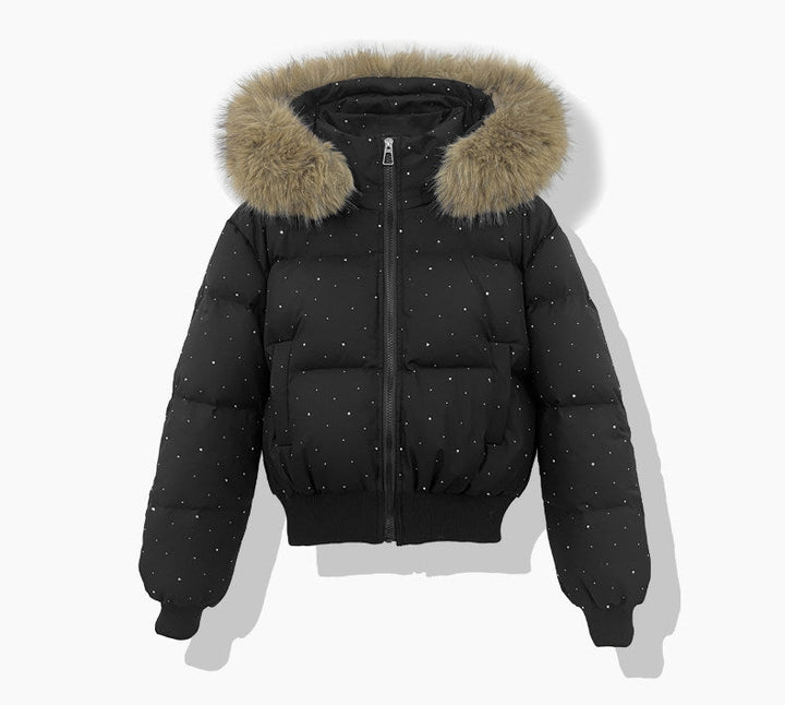 Ladies short quilted jacket with removable hood