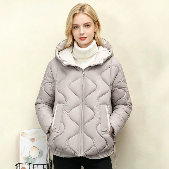 Ladies' Quilted Short Jacket with Heart Stitching, Rounded Hem, and Hood