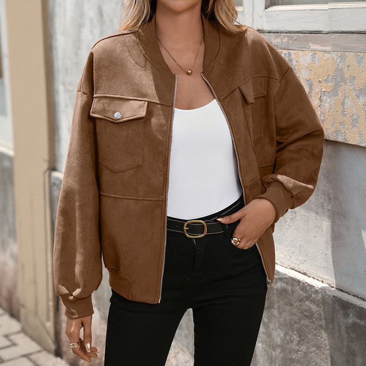 Ladies Oversized Bomber Jacket with Long Sleeves and Chest Pockets