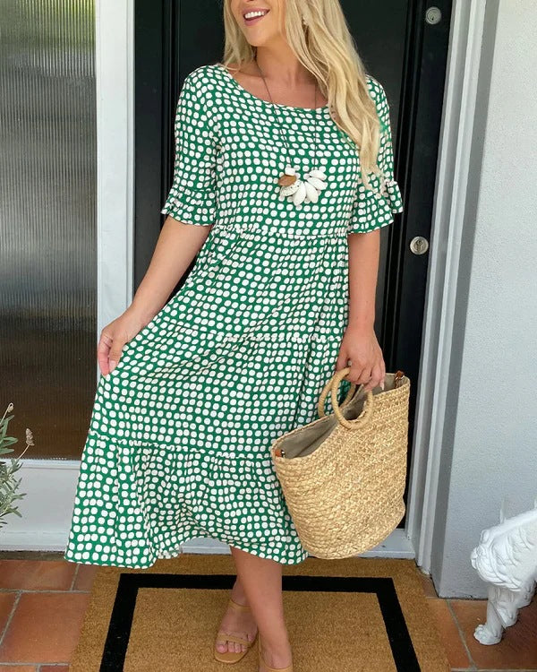 Luxurious Relaxed Fit Dotted Pattern Breathable Tiered Silhouette Midlength Dress