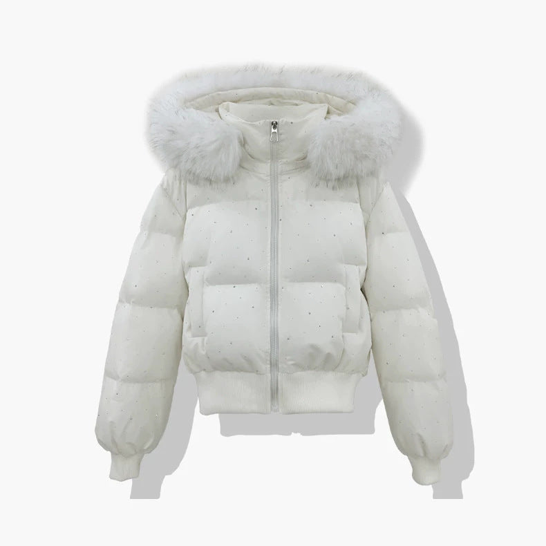 Ladies short quilted jacket with removable hood
