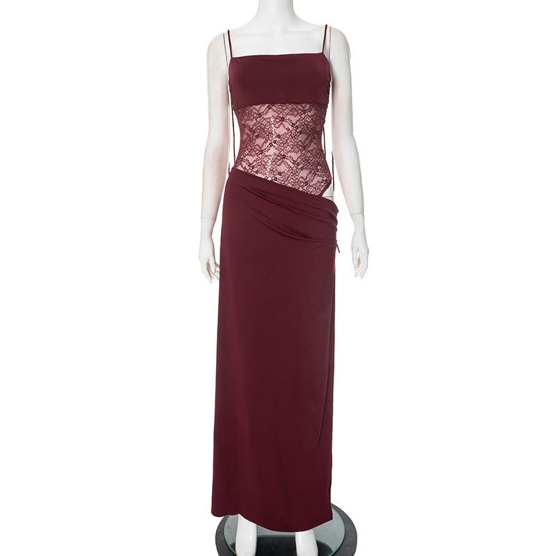Women’s Lace Panel Maxi Dress – Adjustable Tie Straps Breathable Flowing Elegant Dress