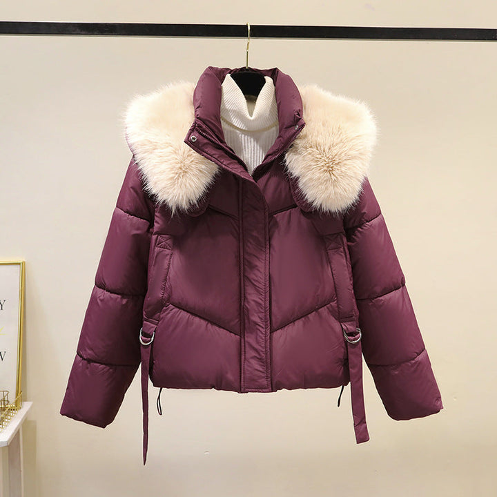 Ladies' Short Quilted Jacket with Voluminous Faux Fur Collar and Waistband