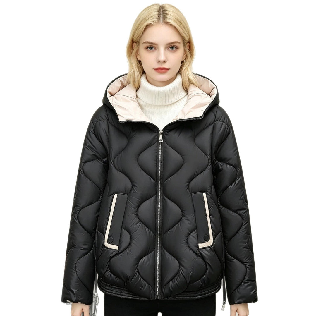 Ladies' Quilted Short Jacket with Heart Stitching, Rounded Hem, and Hood